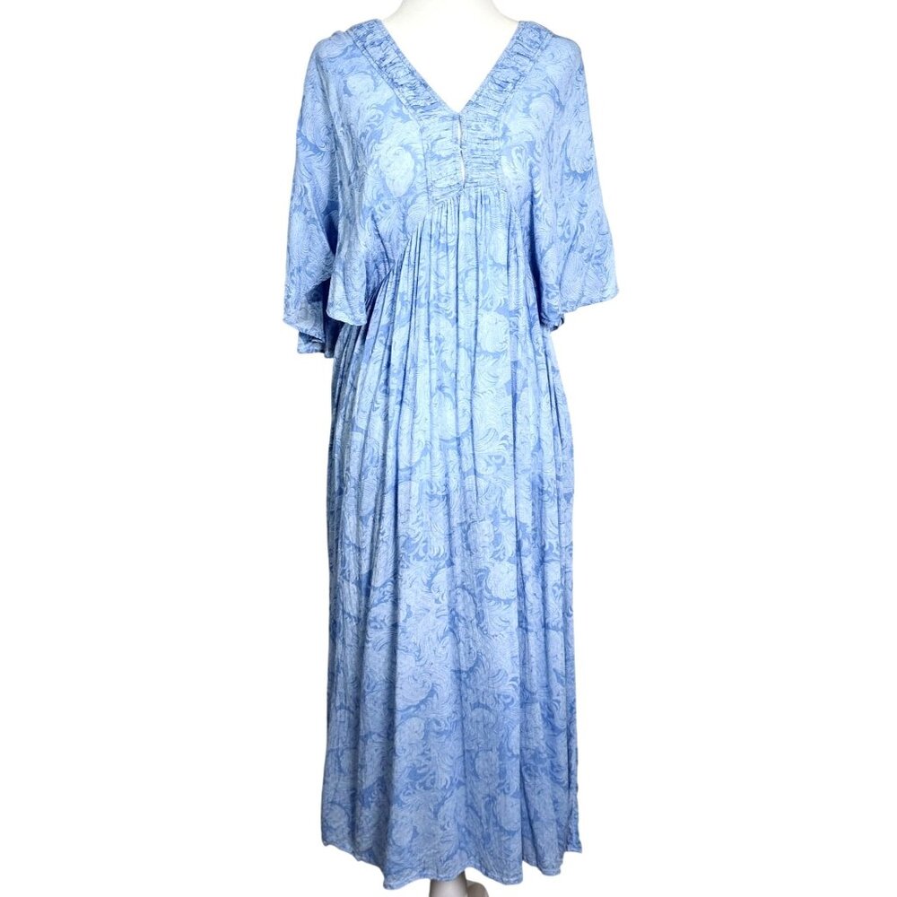 Hinge Womens Dress Size M Blue Paisley Maxi Beachy Flutter Sleeves V-Neckline